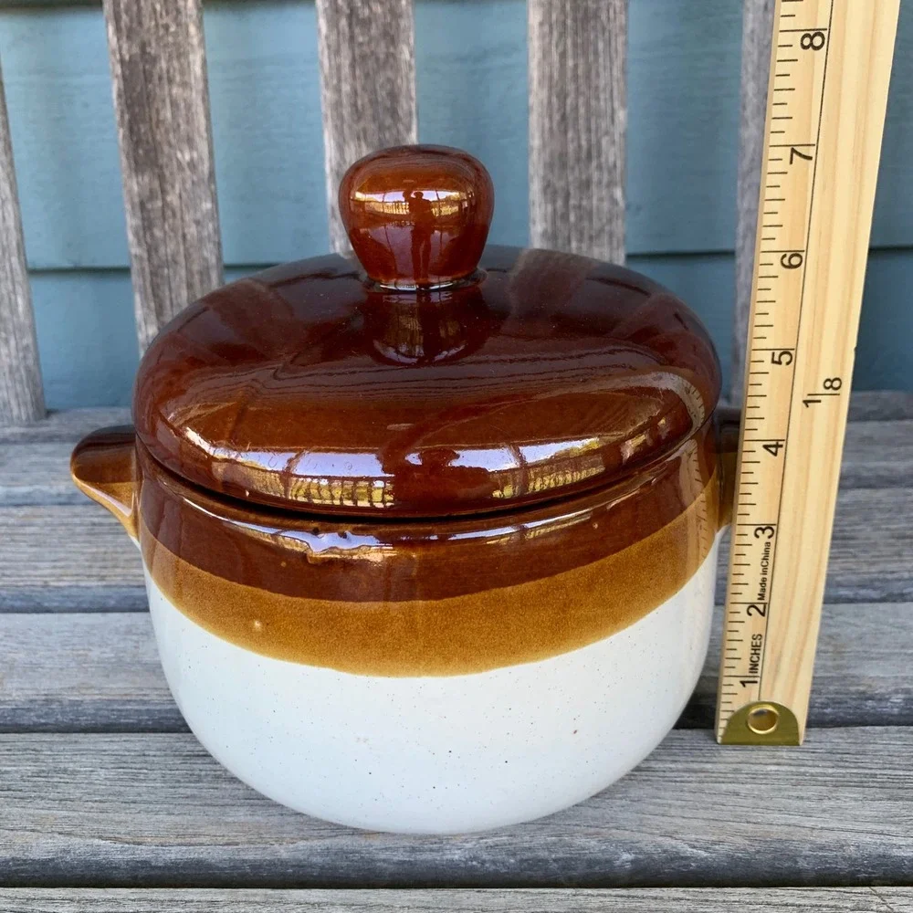 Vintage 3-Tone Stoneware Crock Bean Pot with Lid Brown Cook N Serve Farmhouse